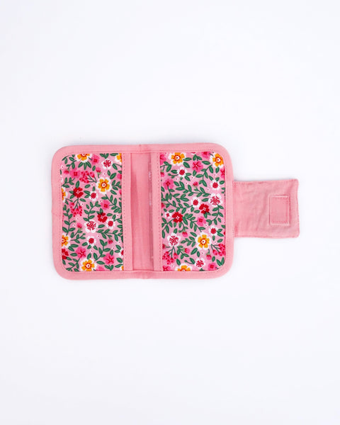Cat Card-Case in pink blossoms with two inside pockets for-ID, cash, cards-and Velcro flap closure in interior view.