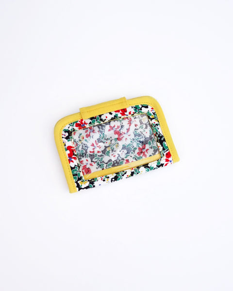 Cat Card-Case in yellow blossoms with rectangular PVC back window, and Velcro flap closure in back view.