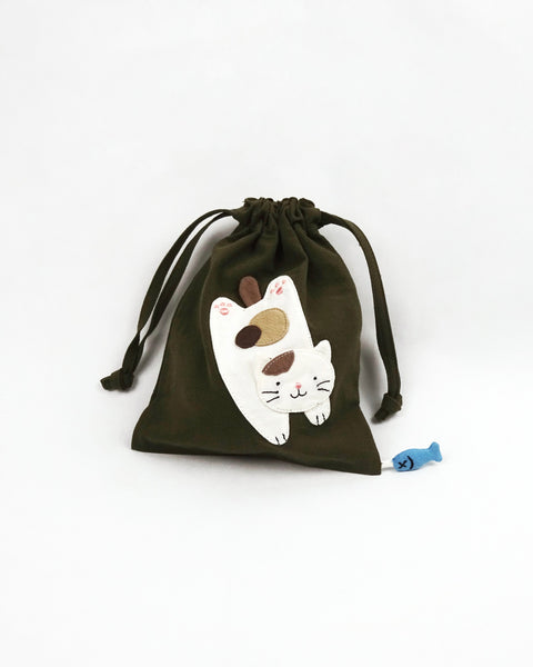 Cat Pouch in olive green with cat appliqué, embroidery detail, two-sided drawstring enclosure, small blue fish hanging at the bottom right corner.