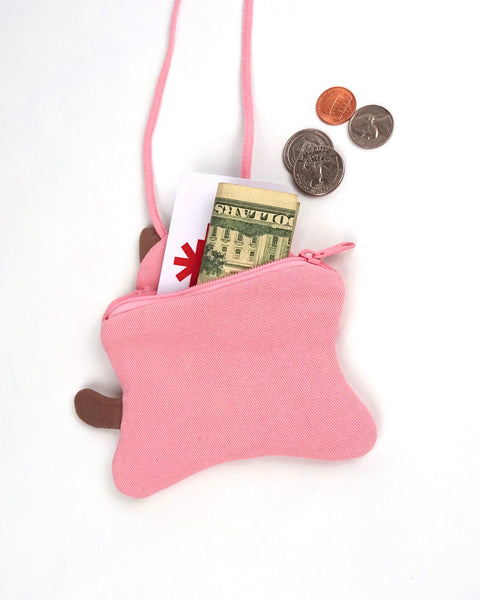 Back view of pink cat themed ID card badge holder with cash and coins coming out of zippered pocket and an appliqué tail on the side