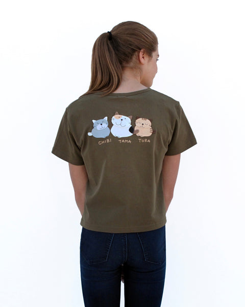 Woman wearing olive green, Cat Crop Top with three cat appliqué, embroidery details, V-neck and short sleeves in close-up back view.