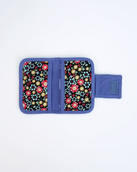 Cat Card-Case in blue blossoms with two inside pockets for-ID, cash, cards-and Velcro flap closure in interior view.