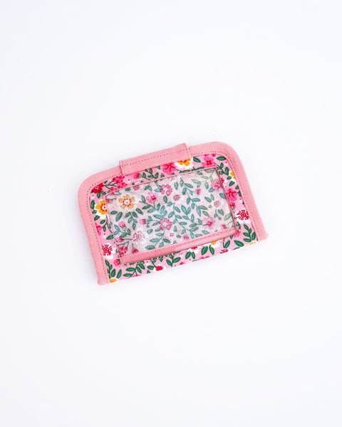 Cat Card-Case in pink blossoms with rectangular PVC back window, and Velcro flap closure in back view.