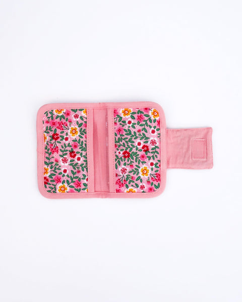  Cat Card-Case in pink blossoms with two inside pockets for-ID, cash, cards-and Velcro flap closure in interior view.
