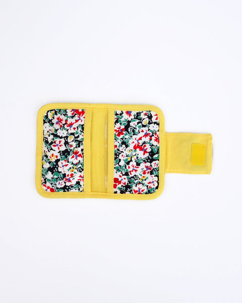 Cat Card-Case in yellow blossoms with two inside pockets for-ID, cash, cards-and Velcro flap closure in interior view.