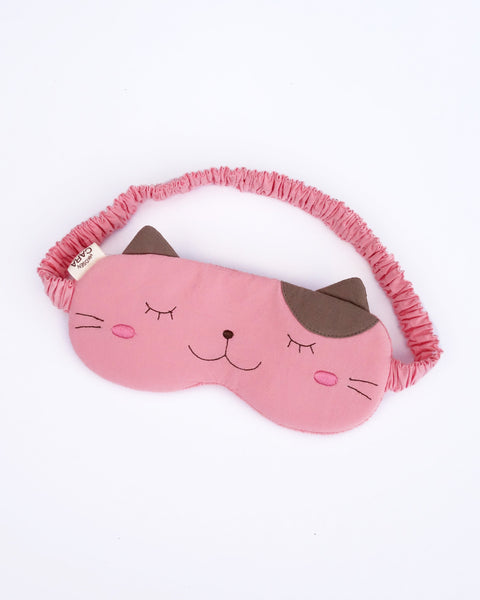 Cat eye mask in pink color with appliqué, embroidery, 3D cat ears, elastic strap, foam-padding, in front view.