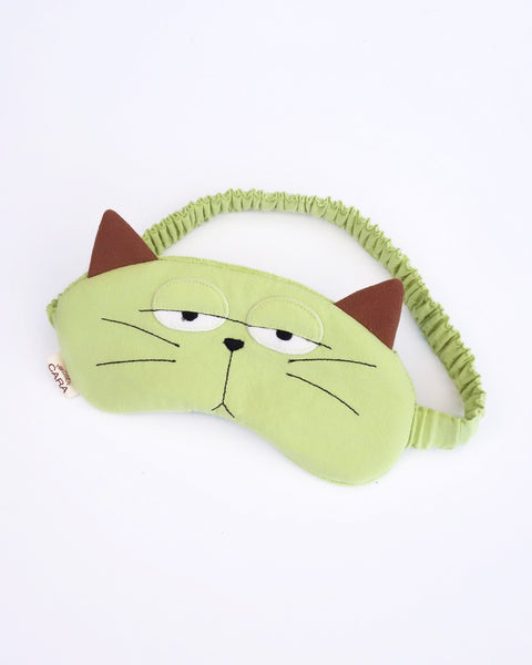 Cat eye mask in green blue color with appliqué, embroidery, 3D cat ears, elastic strap, foam-padding, in front view.