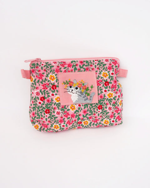 Cat Zip-Pouch in pink blossoms with embroidery detail, one main zippered compartment, two side loops for strap attachment for iPhone /small notebook / cosmetic items.